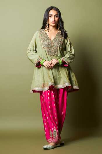 Pants And Pajamas_Pink Chanderi Silk Embroidery Kamalya Salwar _Online_at_Aza_Fashions