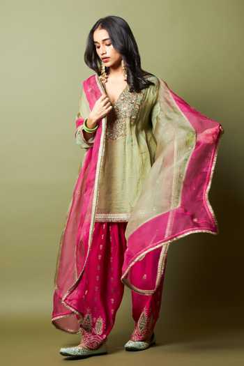 Shop_Pants And Pajamas_Pink Chanderi Silk Embroidery Kamalya Salwar _Online_at_Aza_Fashions