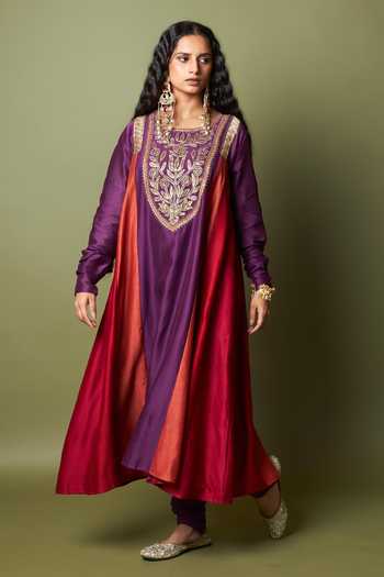 Pants And Pajamas_Red , Chanderi, Organza, Cotton Embroidery, Zari Round Amira Kurta Set _Online_at_Aza_Fashions