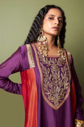 Buy_Pants And Pajamas_Red , Chanderi, Organza, Cotton Embroidery, Zari Round Amira Kurta Set _Online_at_Aza_Fashions