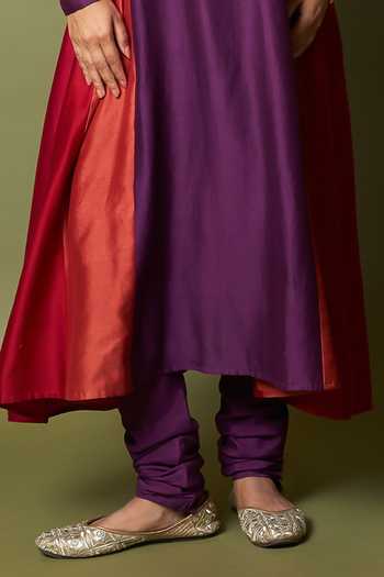 Shop_Pants And Pajamas_Red , Chanderi, Organza, Cotton Embroidery, Zari Round Amira Kurta Set _Online_at_Aza_Fashions