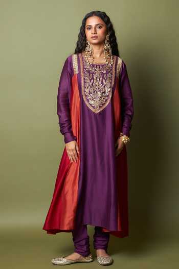 Pants And Pajamas_Red , Chanderi, Organza, Cotton Embroidery, Zari Round Amira Kurta Set _at_Aza_Fashions