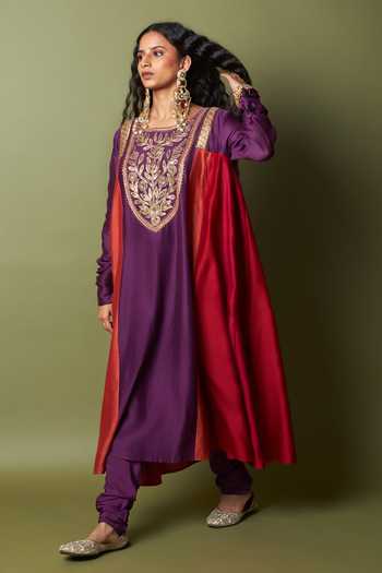 Buy_Pants And Pajamas_Red , Chanderi, Organza, Cotton Embroidery, Zari Round Amira Kurta Set 