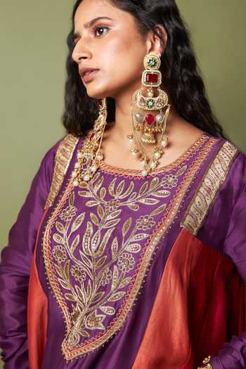 Shop_Pants And Pajamas_Red , Chanderi, Organza, Cotton Embroidery, Zari Round Amira Kurta Set 