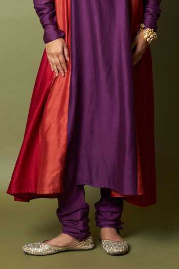 Pants And Pajamas_Purple Silk, Chanderi, Cotton Embroidery Round Neck Amira Kurta And Pant Set _Online_at_Aza_Fashions