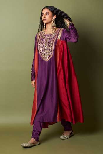Buy_Pants And Pajamas_Purple Silk, Chanderi, Cotton Embroidery Round Neck Amira Kurta And Pant Set _Online_at_Aza_Fashions