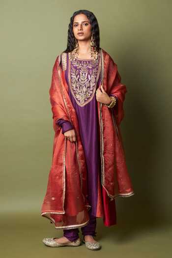 Pants And Pajamas_Purple Silk, Chanderi, Cotton Embroidery Round Neck Amira Kurta And Pant Set _at_Aza_Fashions