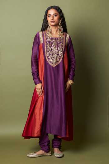 Pants And Pajamas_Red Silk, Chanderi Embroidery, Zari Round Neck Amira Kurta _Online_at_Aza_Fashions