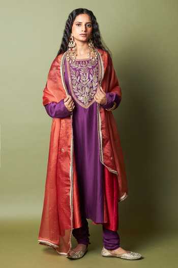 Buy_Pants And Pajamas_Red Silk, Chanderi Embroidery, Zari Round Neck Amira Kurta _Online_at_Aza_Fashions