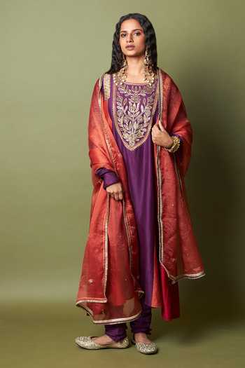 Shop_Pants And Pajamas_Red Silk, Chanderi Embroidery, Zari Round Neck Amira Kurta _Online_at_Aza_Fashions
