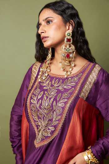Pants And Pajamas_Red Silk, Chanderi Embroidery, Zari Round Neck Amira Kurta _at_Aza_Fashions