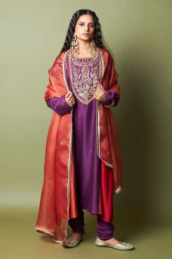 Pants And Pajamas_Purple Silk, Cotton Amira Churidar _at_Aza_Fashions