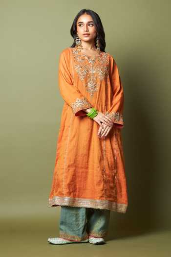 Pants And Pajamas_Orange Chanderi Embroidery, Zari Round Neck Ratnashree Kurta Set _Online_at_Aza_Fashions