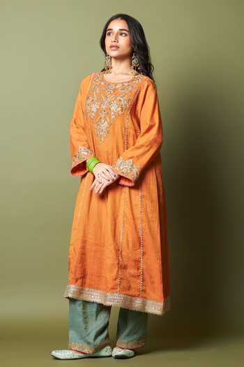 Buy_Pants And Pajamas_Orange Chanderi Embroidery, Zari Round Neck Ratnashree Kurta Set _Online_at_Aza_Fashions