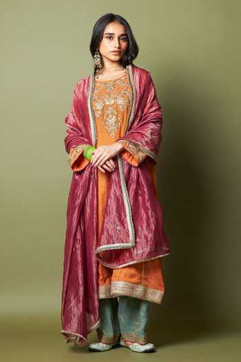 Pants And Pajamas_Orange Chanderi Zari, Embroidery Ratnashree Kurta And Pant Set _Online_at_Aza_Fashions