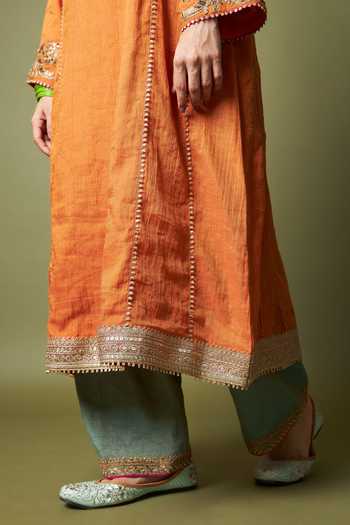 Buy_Pants And Pajamas_Orange Chanderi Zari, Embroidery Ratnashree Kurta And Pant Set _Online_at_Aza_Fashions