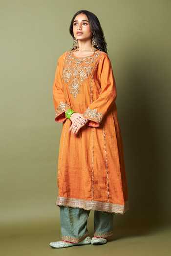 Shop_Pants And Pajamas_Orange Chanderi Zari, Embroidery Ratnashree Kurta And Pant Set _Online_at_Aza_Fashions
