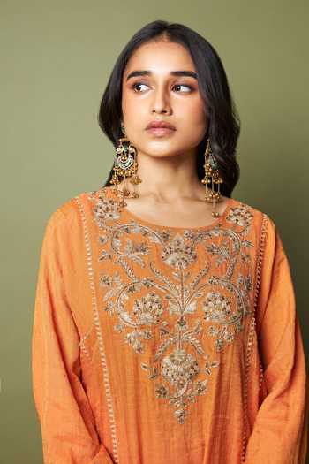 Shop_Pants And Pajamas_Orange Chanderi Embroidery, Zari Round Neck, Yes Ratnashree Kurta _Online_at_Aza_Fashions