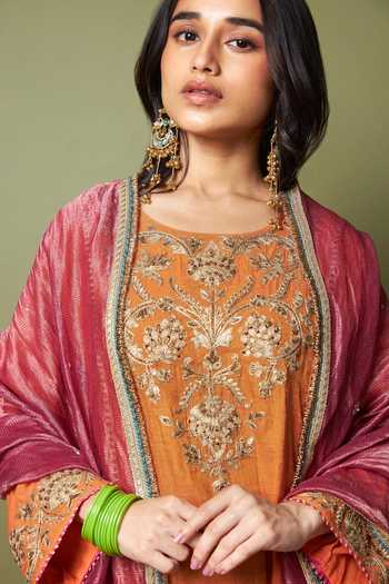 Pants And Pajamas_Wine Chanderi Embroidery, Zari Ratnashree Dupatta _Online_at_Aza_Fashions