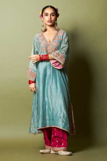 Pants And Pajamas_Blue Silk, Cotton, Chanderi Zari, Embroidery V-neck Neelam Riwaaz Kaftan _Online_at_Aza_Fashions