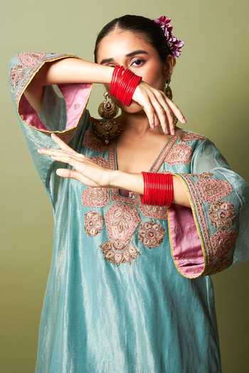Shop_Pants And Pajamas_Blue Silk, Cotton, Chanderi Zari, Embroidery V-neck Neelam Riwaaz Kaftan _Online_at_Aza_Fashions