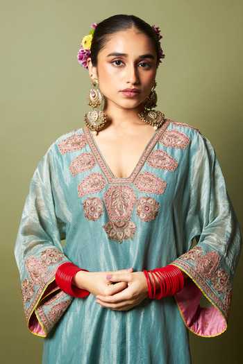 Pants And Pajamas_Blue Silk, Cotton, Chanderi Zari, Embroidery V-neck Neelam Riwaaz Kaftan _at_Aza_Fashions