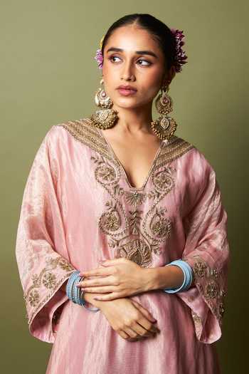 Buy_Pants And Pajamas_Pink Chanderi, Silk Embroidery, Zari V-neck Rosika Kaftan And Pant Set 