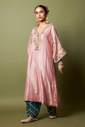 Pants And Pajamas_Pink Chanderi Embroidery, Zari V-neck Rosika Kaftan _Online_at_Aza_Fashions