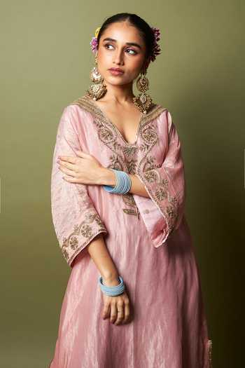 Buy_Pants And Pajamas_Pink Chanderi Embroidery, Zari V-neck Rosika Kaftan _Online_at_Aza_Fashions