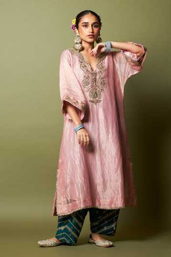 Shop_Pants And Pajamas_Pink Chanderi Embroidery, Zari V-neck Rosika Kaftan _Online_at_Aza_Fashions