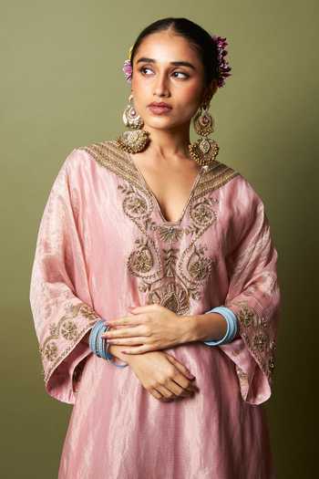 Pants And Pajamas_Pink Chanderi Embroidery, Zari V-neck Rosika Kaftan _at_Aza_Fashions