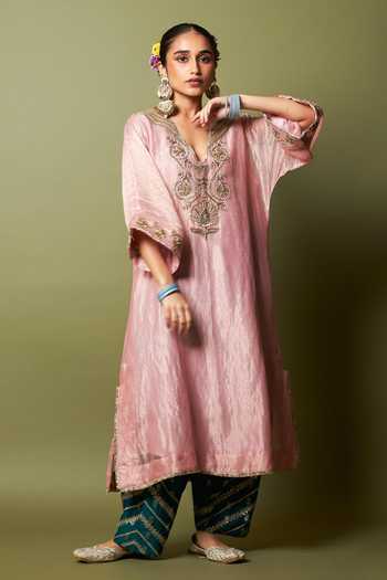 Pants And Pajamas_Green Silk, Chanderi Embroidery, Zari Rosika Salwar _Online_at_Aza_Fashions