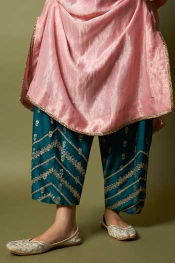 Shop_Pants And Pajamas_Green Silk, Chanderi Embroidery, Zari Rosika Salwar _Online_at_Aza_Fashions