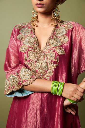 Shop_Pants And Pajamas_Wine Silk, Chanderi Embroidery, Zari V-neck Gulnaar Kaftan And Pant Set _Online_at_Aza_Fashions