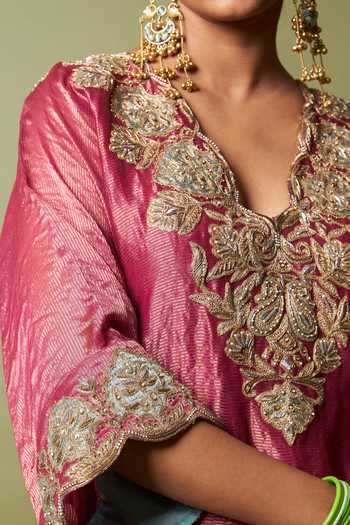 Pants And Pajamas_Wine Silk, Chanderi Embroidery, Zari V-neck Gulnaar Kaftan And Pant Set _at_Aza_Fashions