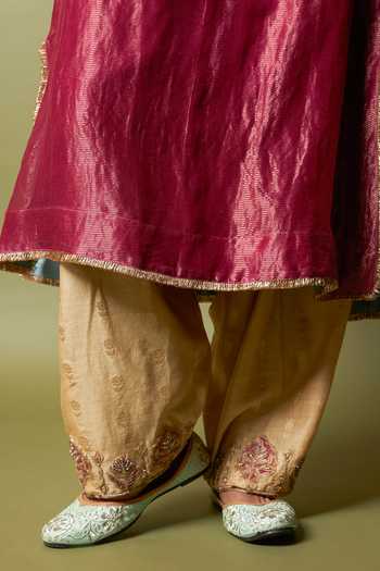 Buy_Pants And Pajamas_Wine Silk, Chanderi Embroidery, Zari V-neck Gulnaar Kaftan And Pant Set 