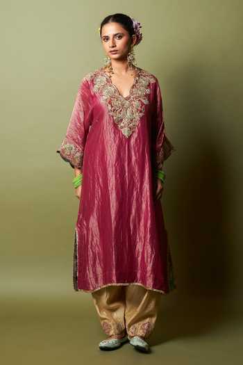 Pants And Pajamas_Wine Chanderi Zari V-neck Gulnaar Embroidered Kaftan _Online_at_Aza_Fashions