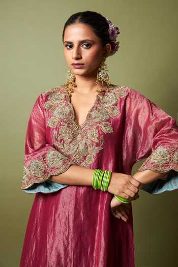 Buy_Pants And Pajamas_Wine Chanderi Zari V-neck Gulnaar Embroidered Kaftan _Online_at_Aza_Fashions