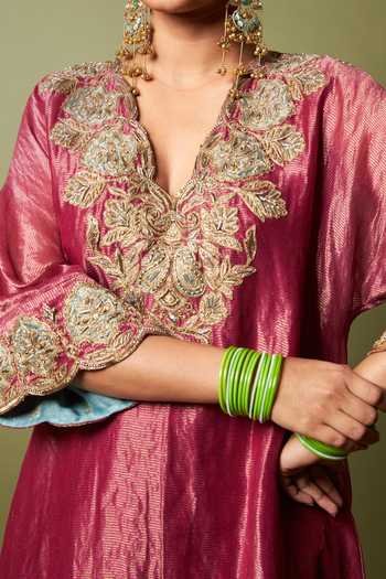 Shop_Pants And Pajamas_Wine Chanderi Zari V-neck Gulnaar Embroidered Kaftan _Online_at_Aza_Fashions
