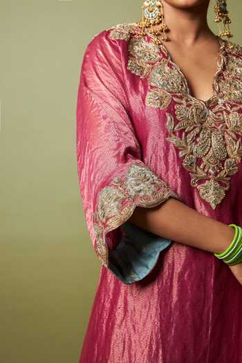 Pants And Pajamas_Wine Chanderi Zari V-neck Gulnaar Embroidered Kaftan _at_Aza_Fashions