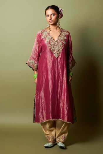 Buy_Pants And Pajamas_Cream Silk, Chanderi Embroidery Gulnaar Salwar _Online_at_Aza_Fashions