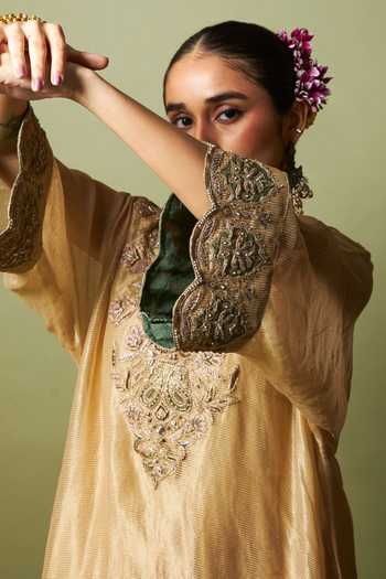 Buy_Pants And Pajamas_Cream Chanderi, Silk Zari, Embroidery V-neck Mehtab Noor Kaftan And Pant Set _Online_at_Aza_Fashions