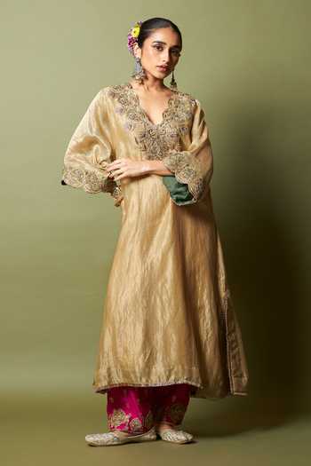 Shop_Pants And Pajamas_Cream Chanderi, Silk Zari, Embroidery V-neck Mehtab Noor Kaftan And Pant Set _Online_at_Aza_Fashions