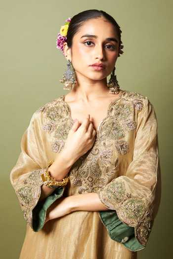 Buy_Pants And Pajamas_Cream Chanderi, Silk Zari, Embroidery V-neck Mehtab Noor Kaftan And Pant Set 