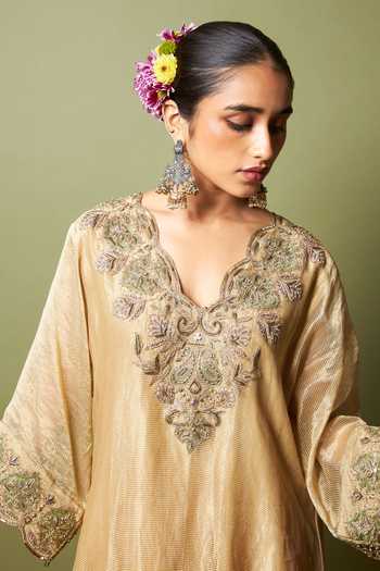 Shop_Pants And Pajamas_Cream Chanderi, Silk Zari, Embroidery V-neck Mehtab Noor Kaftan And Pant Set 