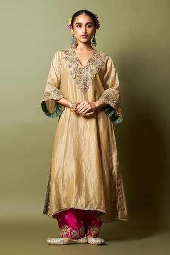 Pants And Pajamas_Cream Chanderi Embroidery, Zari V-neck Mehtab Noor Kaftan _Online_at_Aza_Fashions