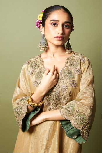 Buy_Pants And Pajamas_Cream Chanderi Embroidery, Zari V-neck Mehtab Noor Kaftan _Online_at_Aza_Fashions