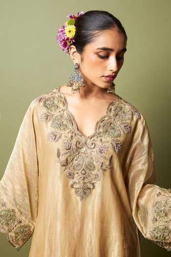 Shop_Pants And Pajamas_Cream Chanderi Embroidery, Zari V-neck Mehtab Noor Kaftan _Online_at_Aza_Fashions