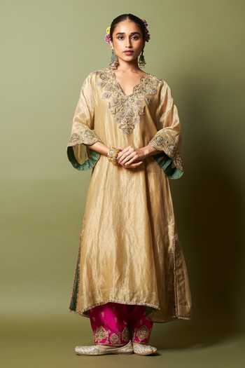 Pants And Pajamas_Pink Silk, Cotton, Chanderi Embroidery, Zari Mehtab Noor Salwar _Online_at_Aza_Fashions