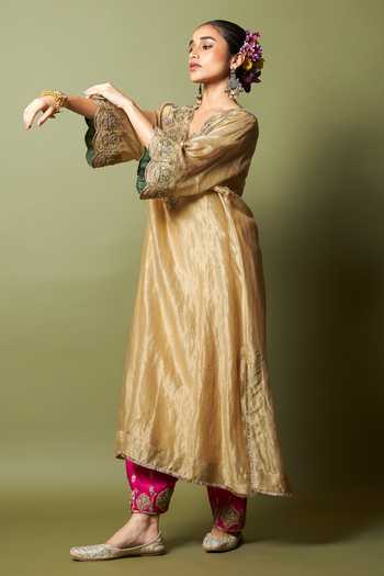 Buy_Pants And Pajamas_Pink Silk, Cotton, Chanderi Embroidery, Zari Mehtab Noor Salwar _Online_at_Aza_Fashions